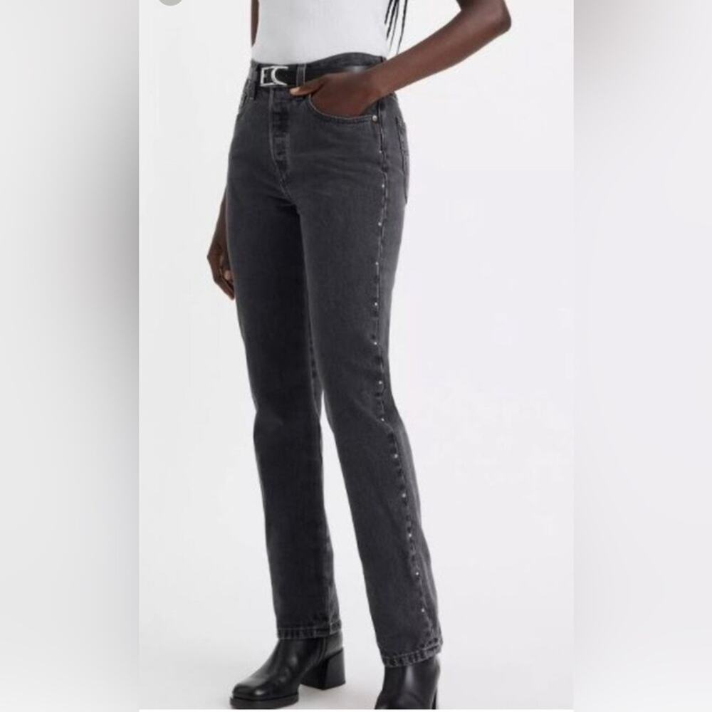 UEC LEVI’S 501 BLACK DENIM STRAIGHT JEANS WITH SILVER STUDS UP OUTER LEG 29x32